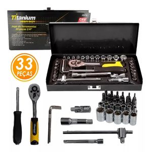 Jogo soquetes bits 1/4 c/chave catraca 33 pçs 5610 titanium