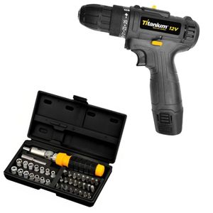 Parafusadeira e furadeira t12 12v + kit chaves 40 pçs